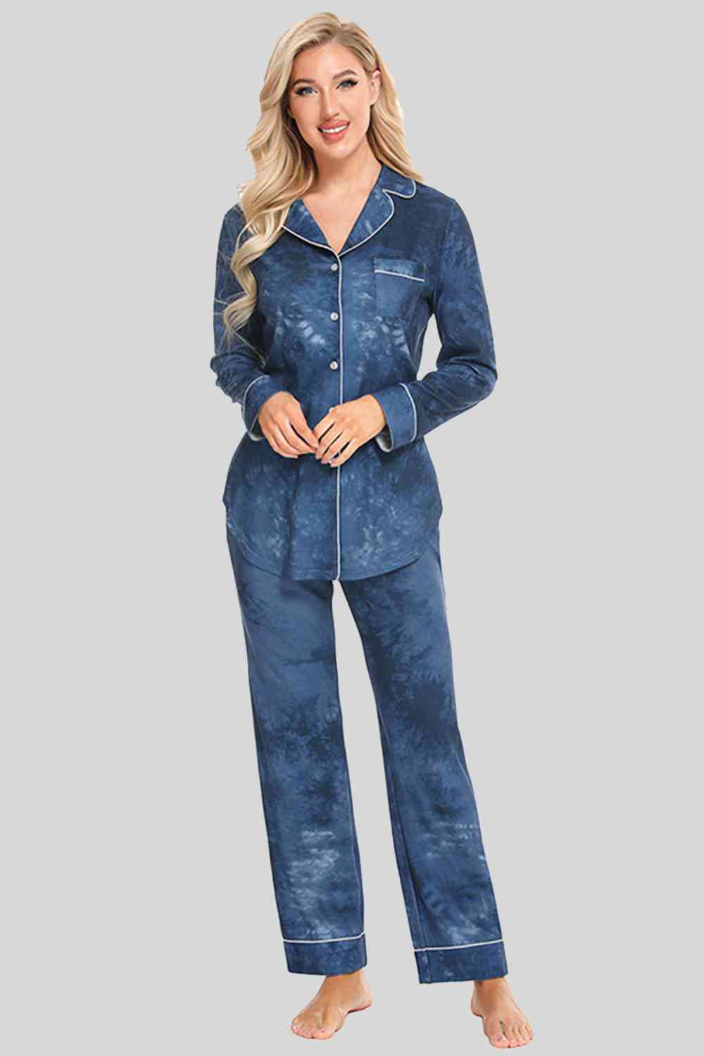 Collared Neck Long Sleeve Loungewear Set with Pockets  Shop One Place