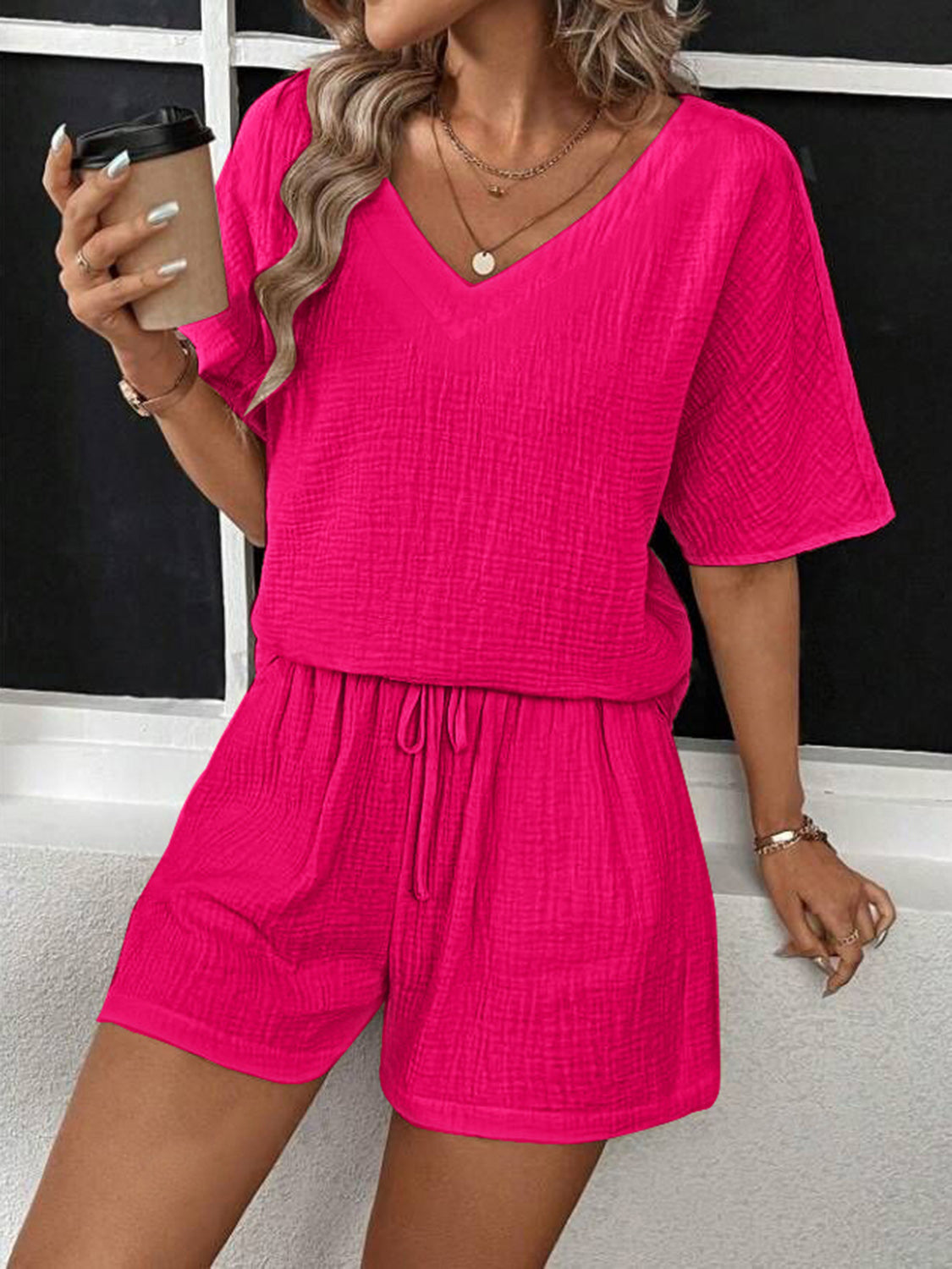 V-Neck Half Sleeve Top and Shorts Set  Shop One Place
