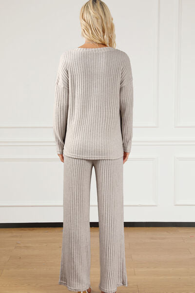 Ribbed V-Neck Top and Pants Lounge Set  Shop One Place