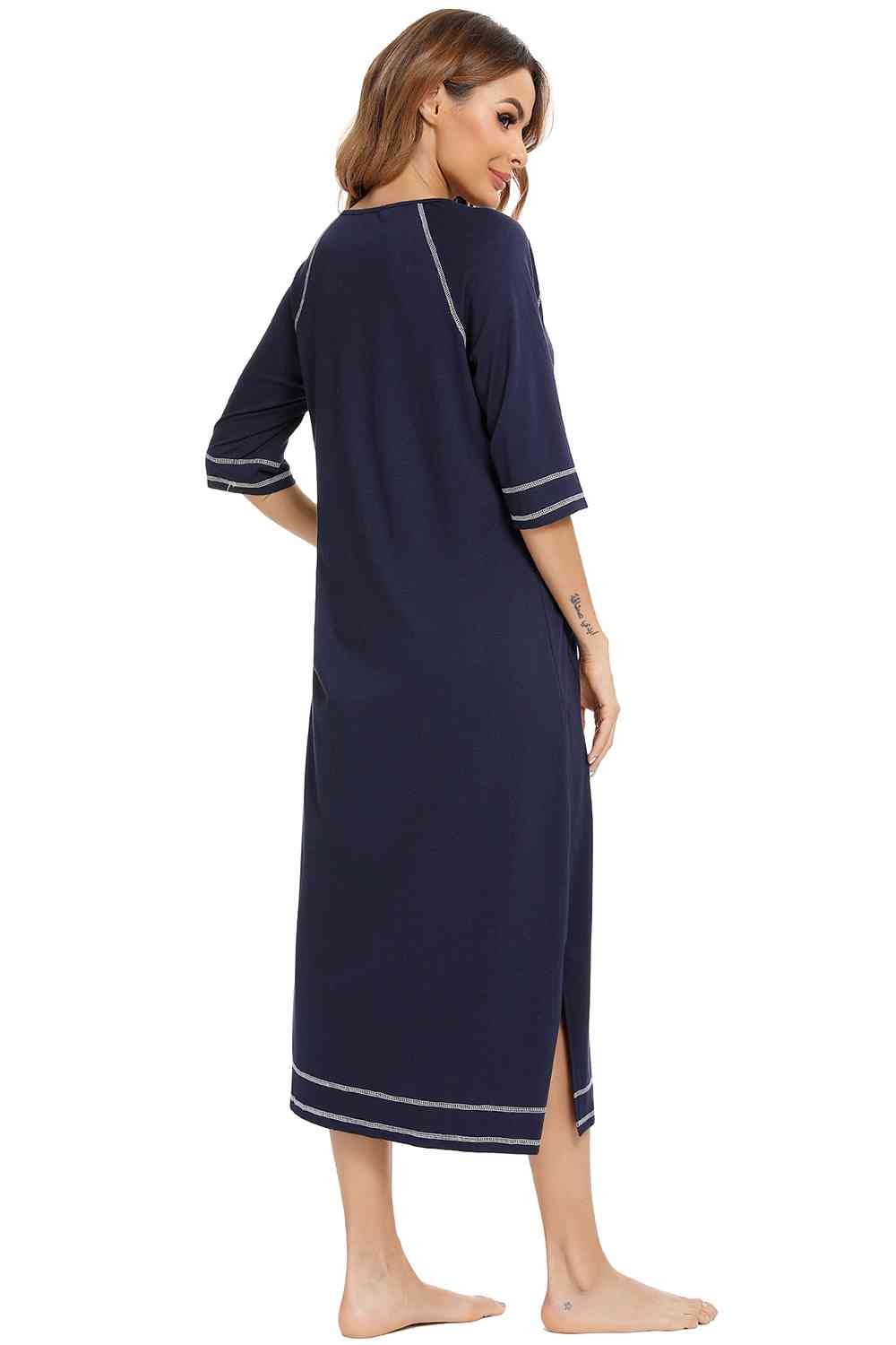 Zip Up Slit Round Neck Night Dress with Pockets  Shop One Place