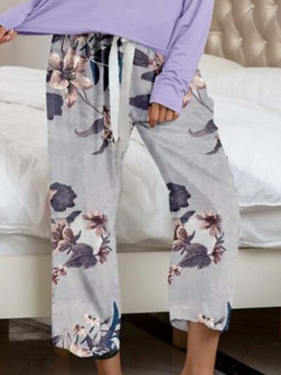 Round Neck Top and Printed Pants Lounge Set  Shop One Place