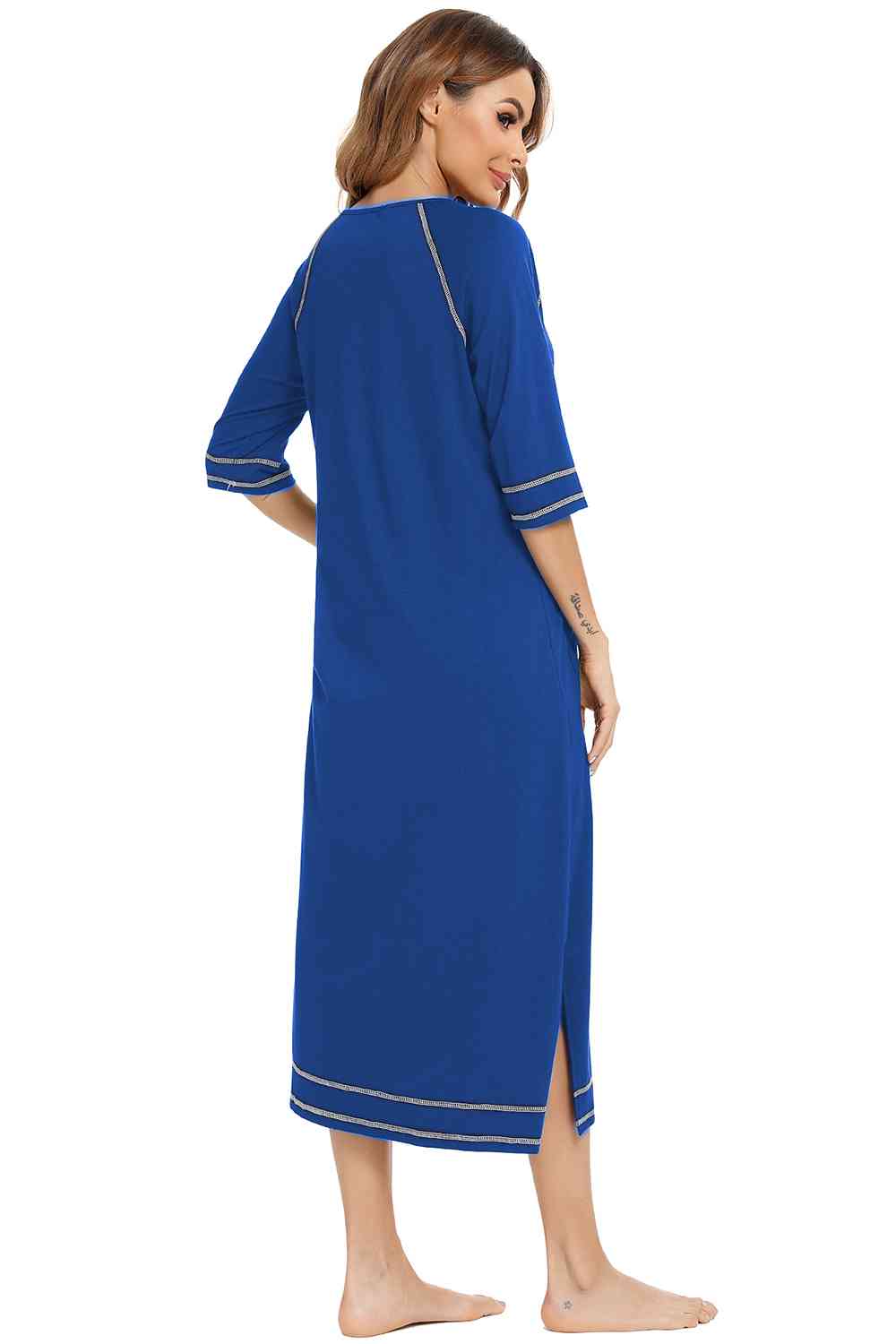 Zip Up Slit Round Neck Night Dress with Pockets  Shop One Place