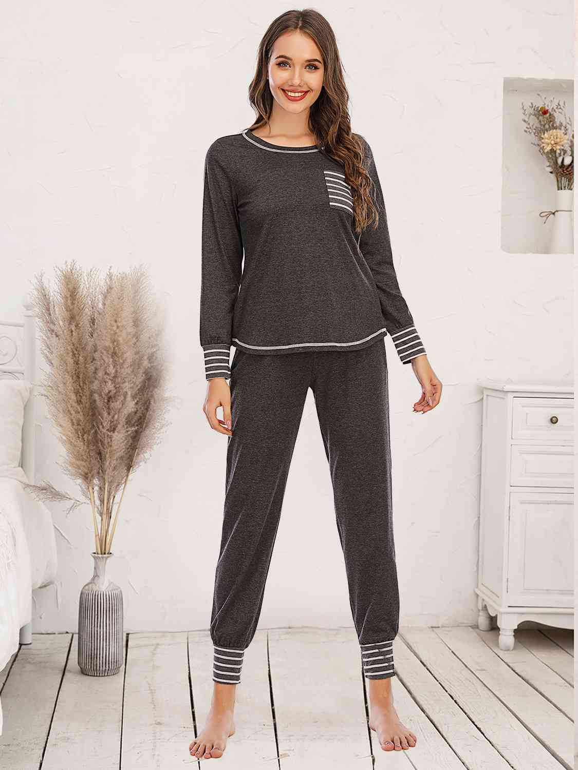 Round Neck Top and Pants Lounge Set  Shop One Place