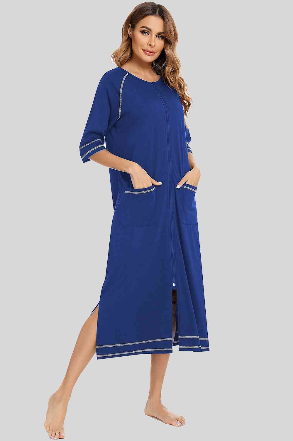 Zip Up Slit Round Neck Night Dress with Pockets  Shop One Place