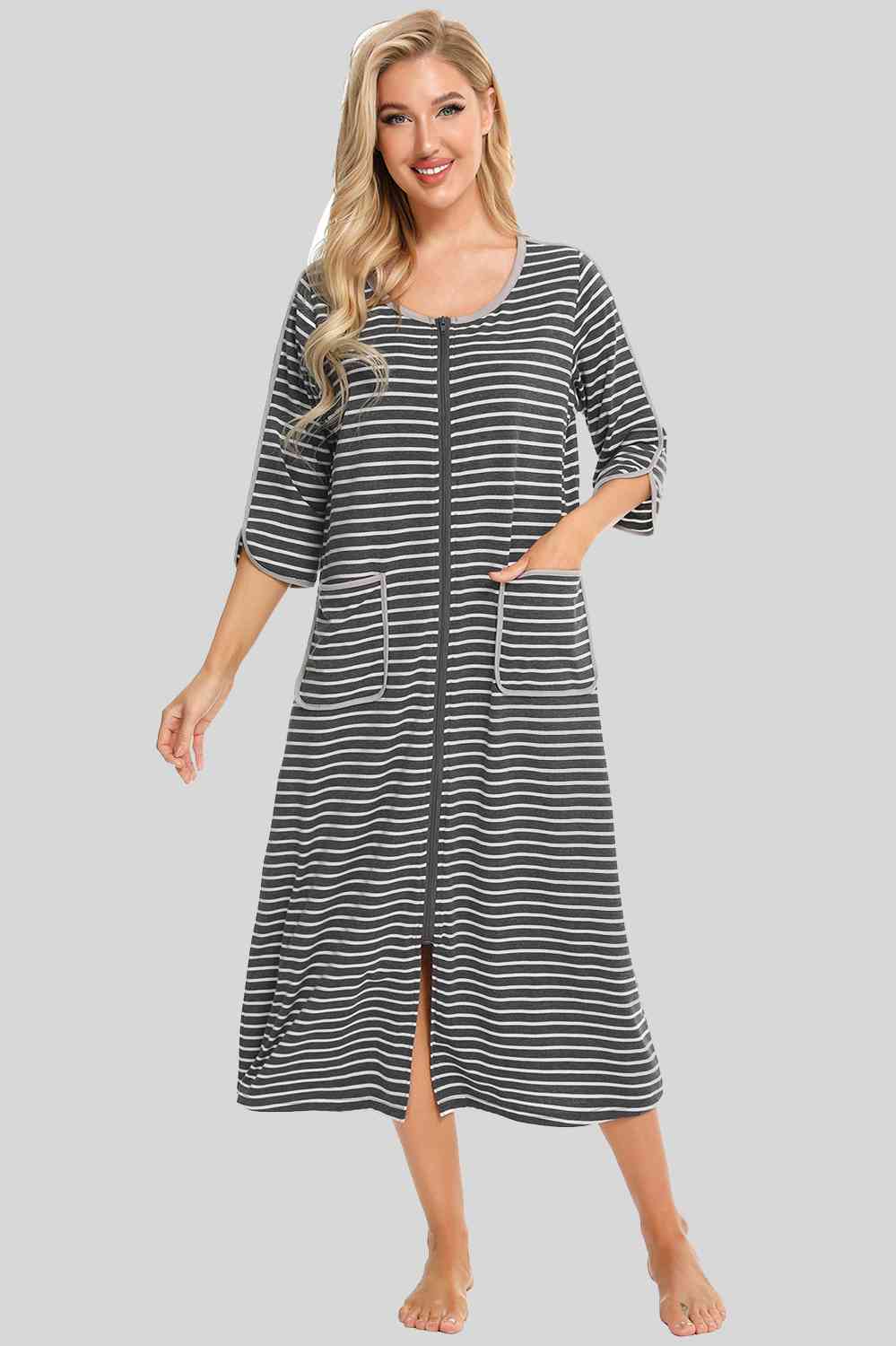 Round Neck Three-Quarter Sleeve Midi Night Dress  Shop One Place