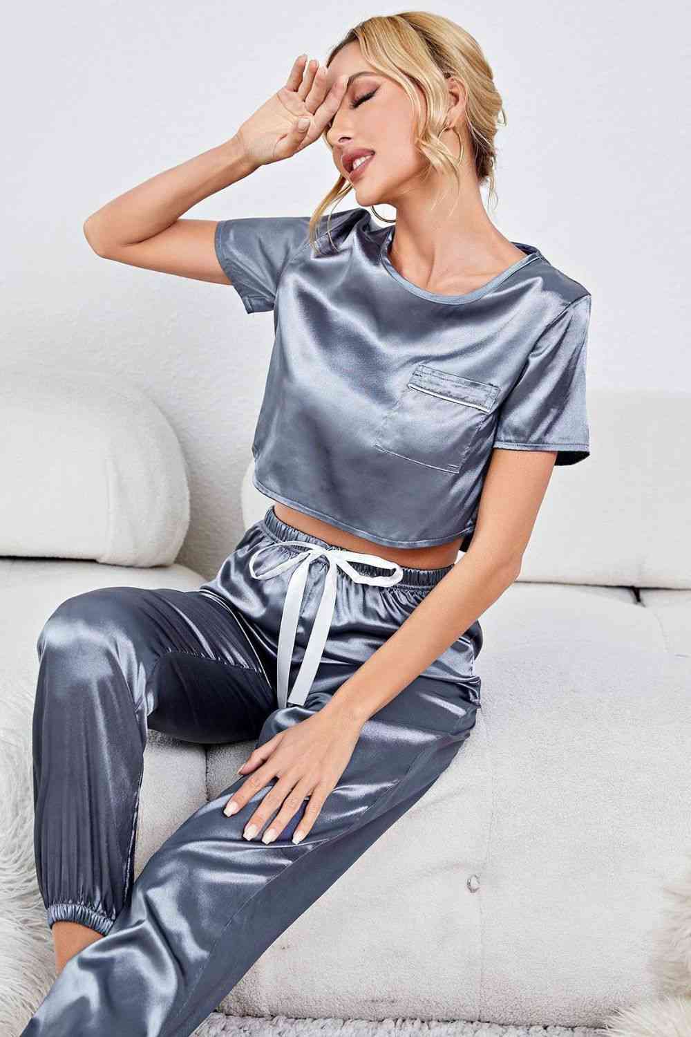 Satin Short Sleeve Crop Top and Joggers Lounge Set  Shop One Place