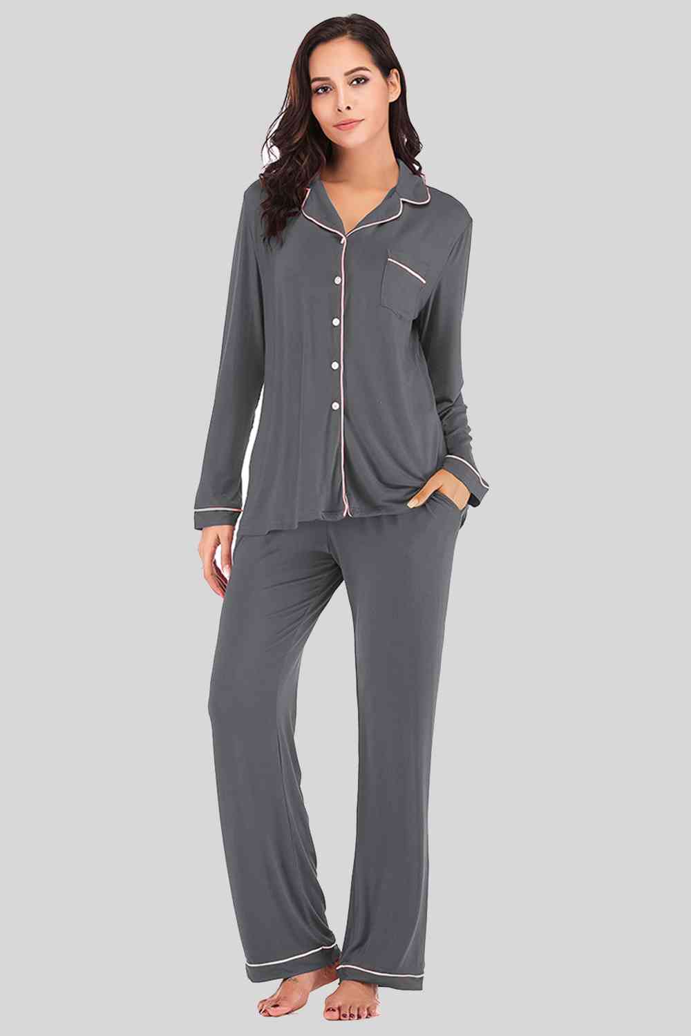 Collared Neck Long Sleeve Loungewear Set with Pockets  Shop One Place