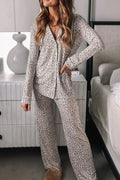 Leopard Button Down Long Sleeve Top and Pants Lounge Set  Shop One Place
