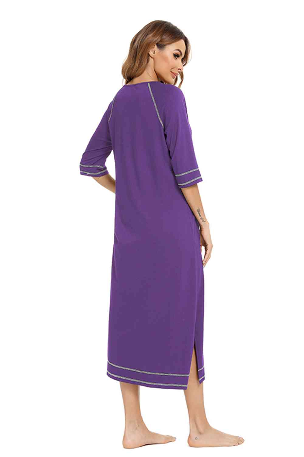 Zip Up Slit Round Neck Night Dress with Pockets  Shop One Place
