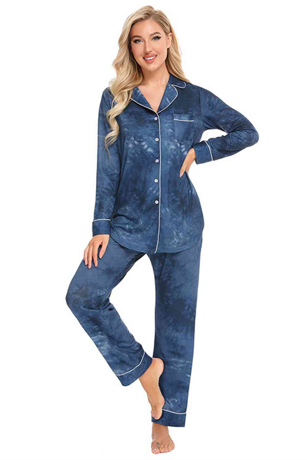 Collared Neck Long Sleeve Loungewear Set with Pockets  Shop One Place