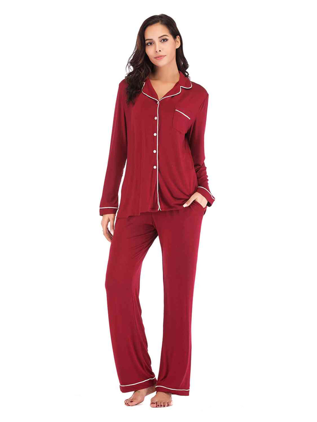 Collared Neck Long Sleeve Loungewear Set with Pockets  Shop One Place