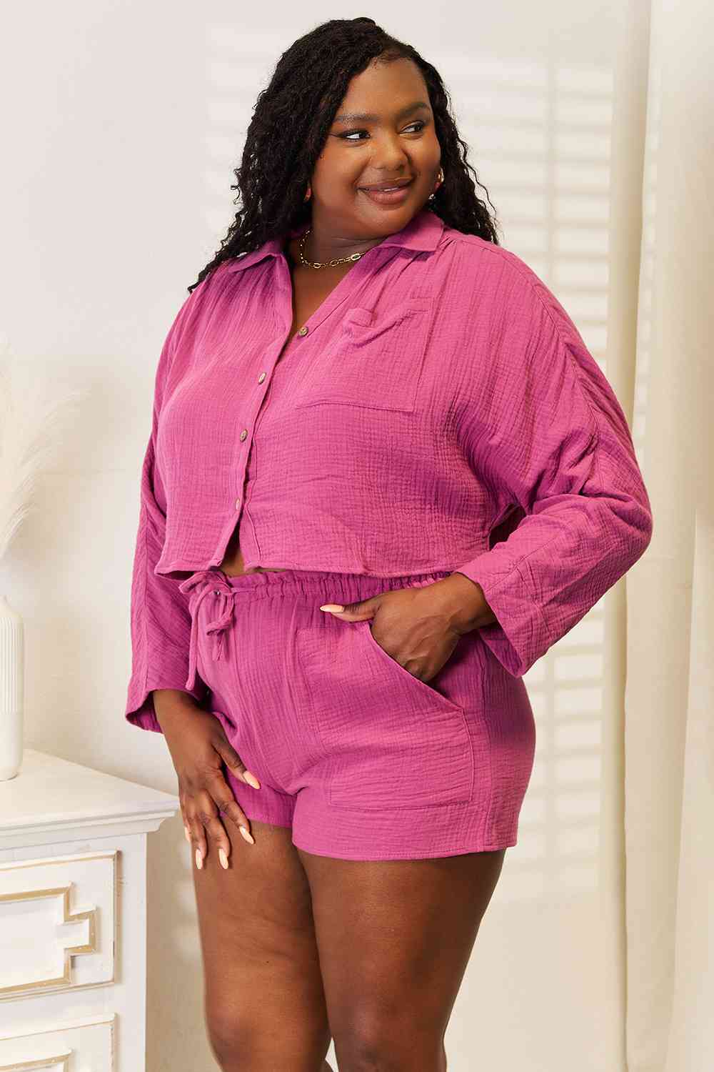Basic Bae Buttoned Long Sleeve Top and Shorts Set  Shop One Place