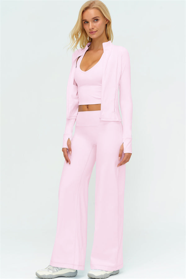 Conjunto Twirl de 3 piezas: chaqueta con cremallera, top halter y pantalones de pierna recta