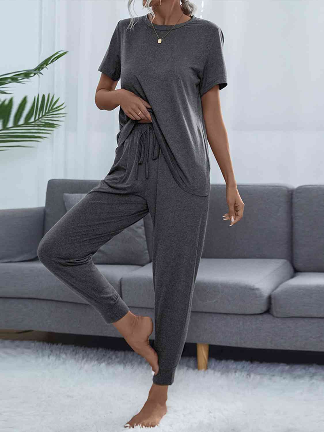 Round Neck Short Sleeve Top and Pants Set  Shop One Place