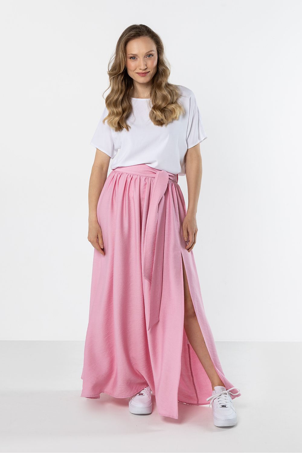 Falda maxi fluida de cintura alta para mujer con lazo en la cintura y abertura frontal