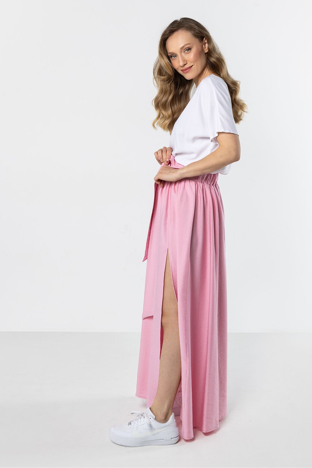 Falda maxi fluida de cintura alta para mujer con lazo en la cintura y abertura frontal