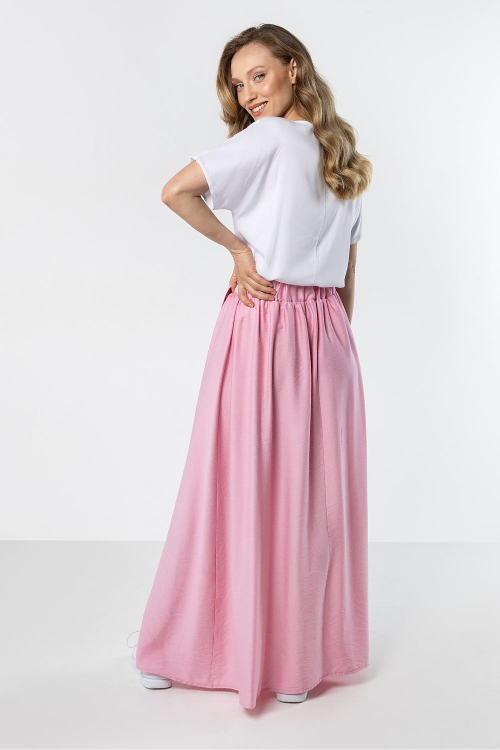 Falda maxi fluida de cintura alta para mujer con lazo en la cintura y abertura frontal