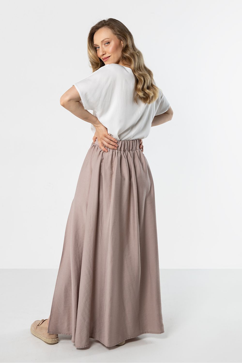 Falda maxi fluida de cintura alta para mujer con lazo en la cintura y abertura frontal