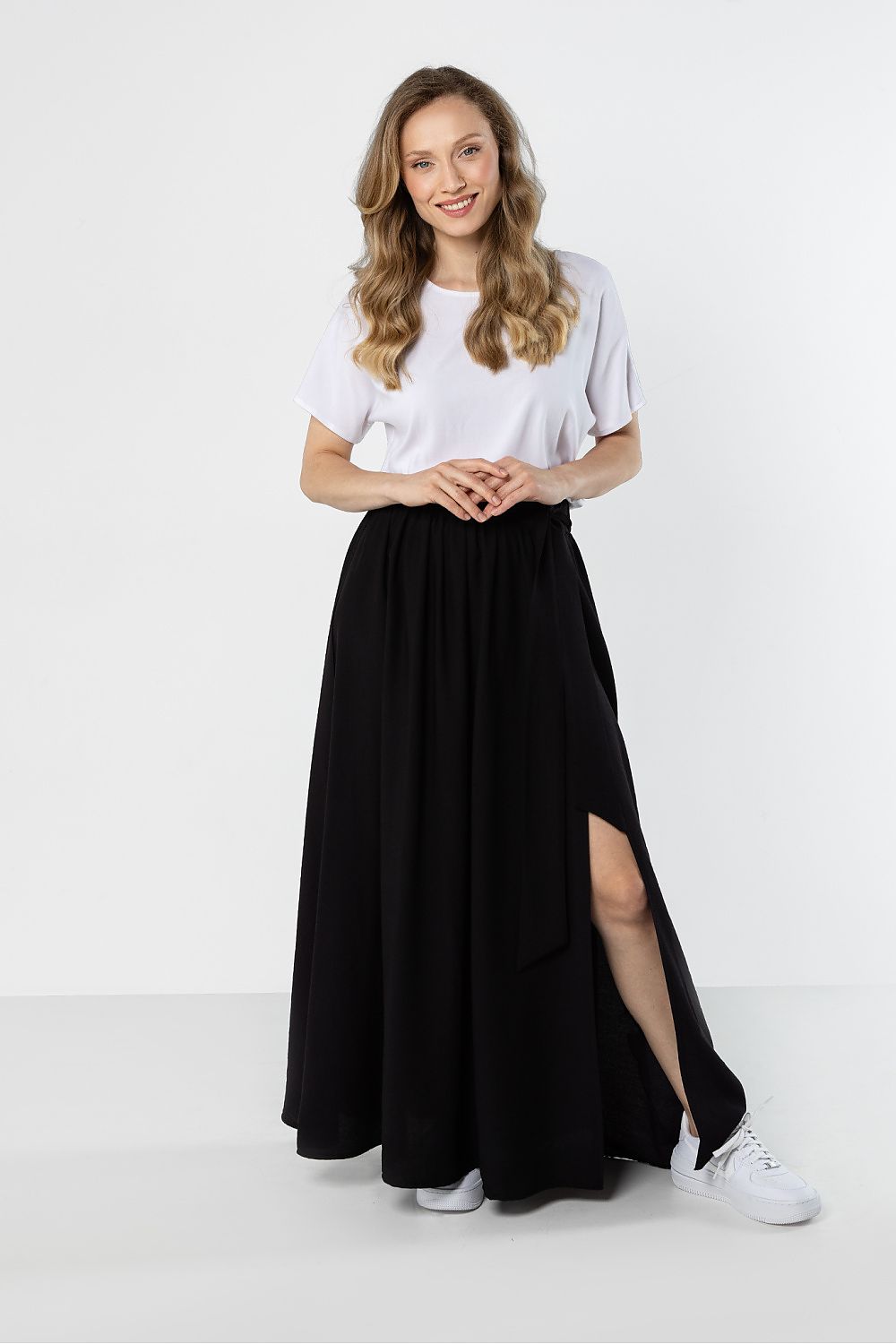 Falda maxi fluida de cintura alta para mujer con lazo en la cintura y abertura frontal