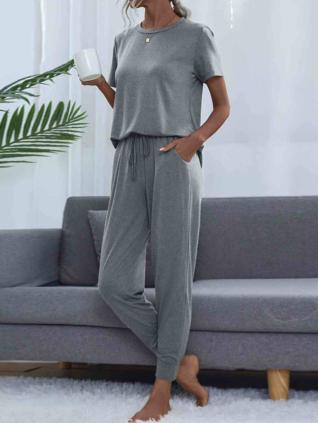 Round Neck Short Sleeve Top and Pants Set  Shop One Place
