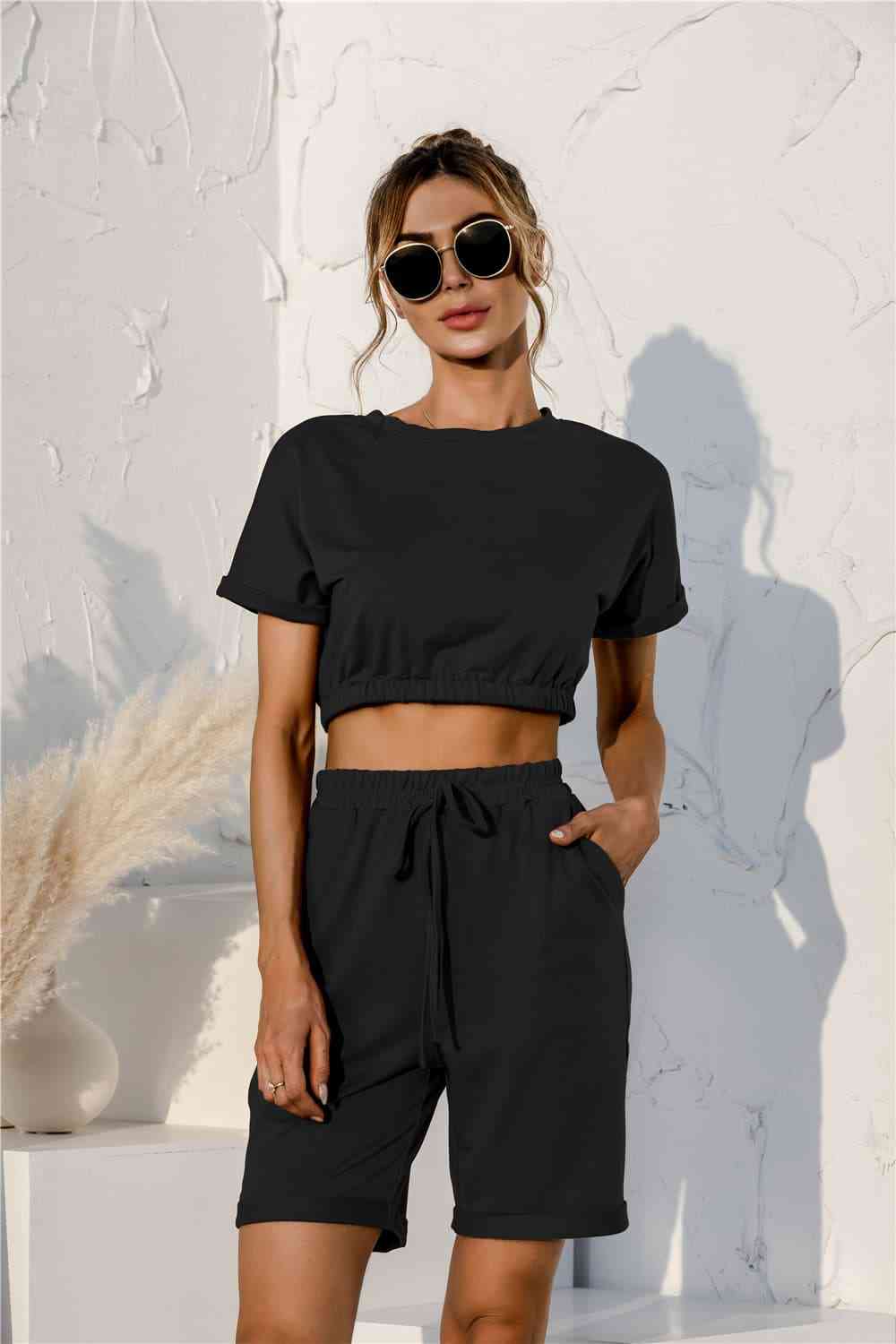 Short Sleeve Cropped Top and Drawstring Shorts Lounge Set  Shop One Place