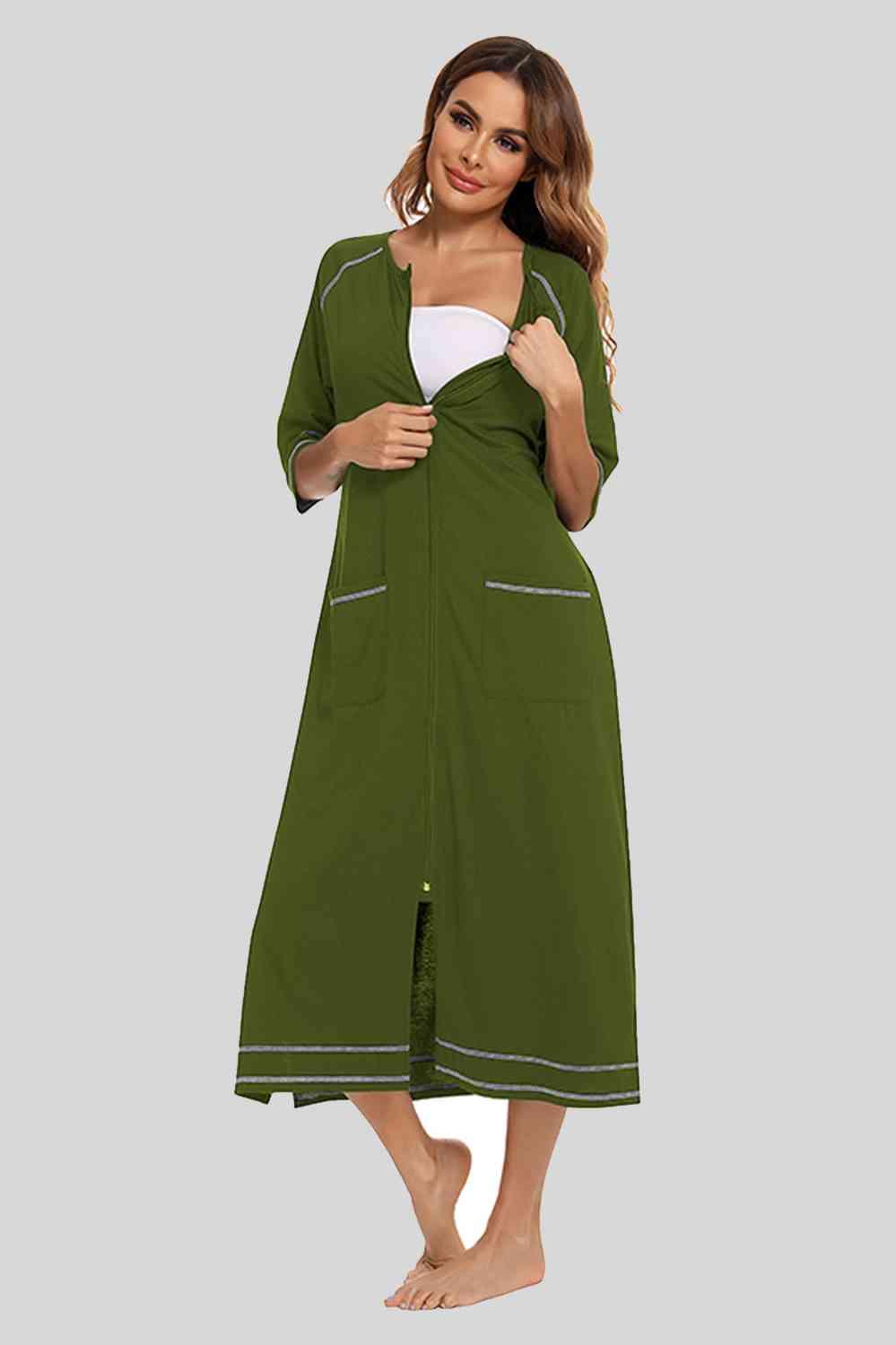 Zip Up Slit Round Neck Night Dress with Pockets  Shop One Place