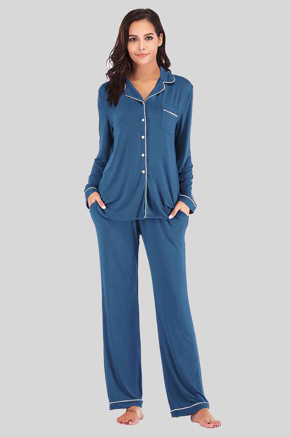 Collared Neck Long Sleeve Loungewear Set with Pockets  Shop One Place