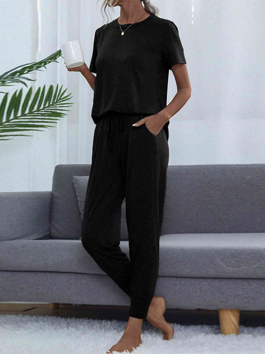 Round Neck Short Sleeve Top and Pants Set  Shop One Place