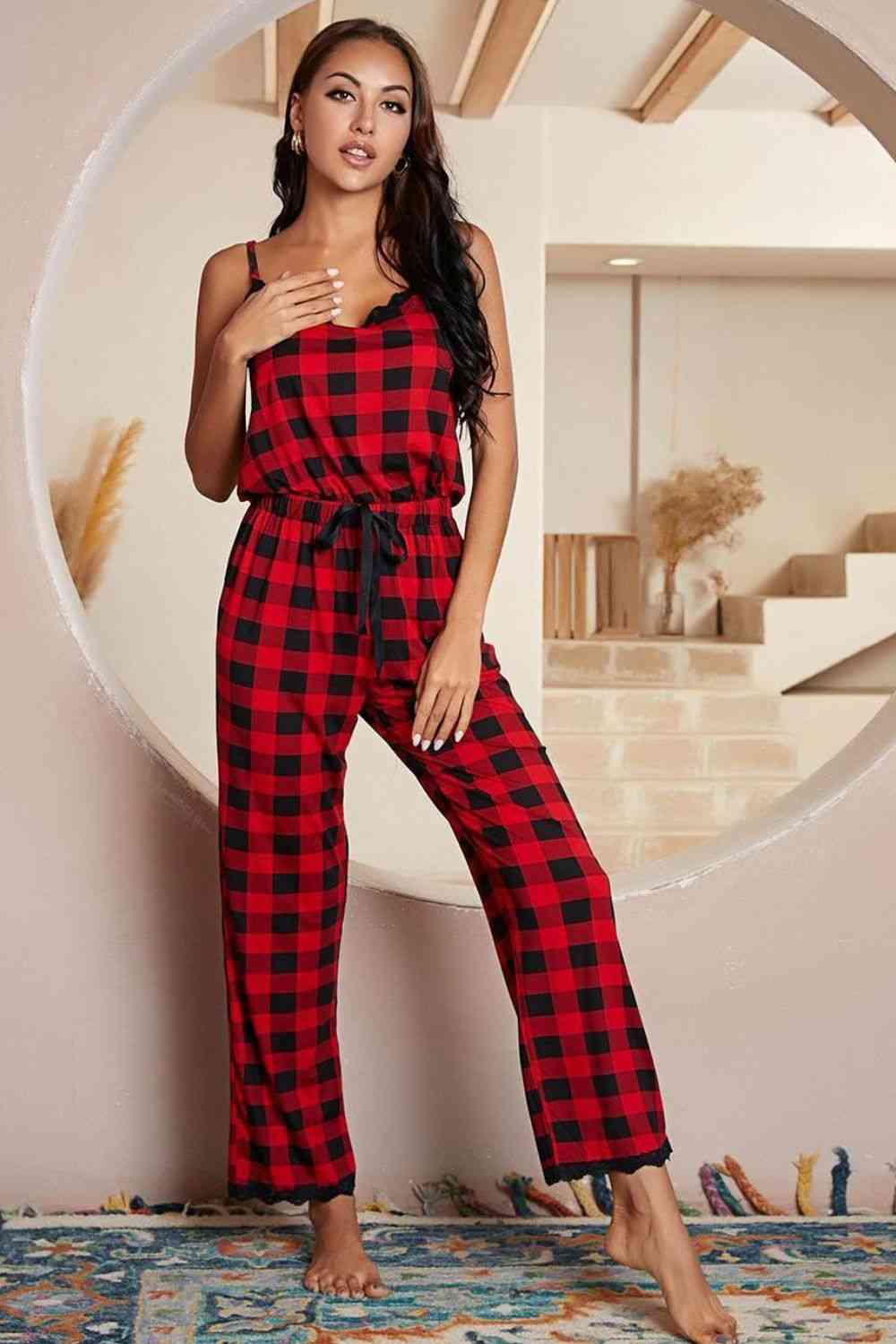 Plaid Lace Trim Spaghetti Strap Jumpsuit  Shop One Place