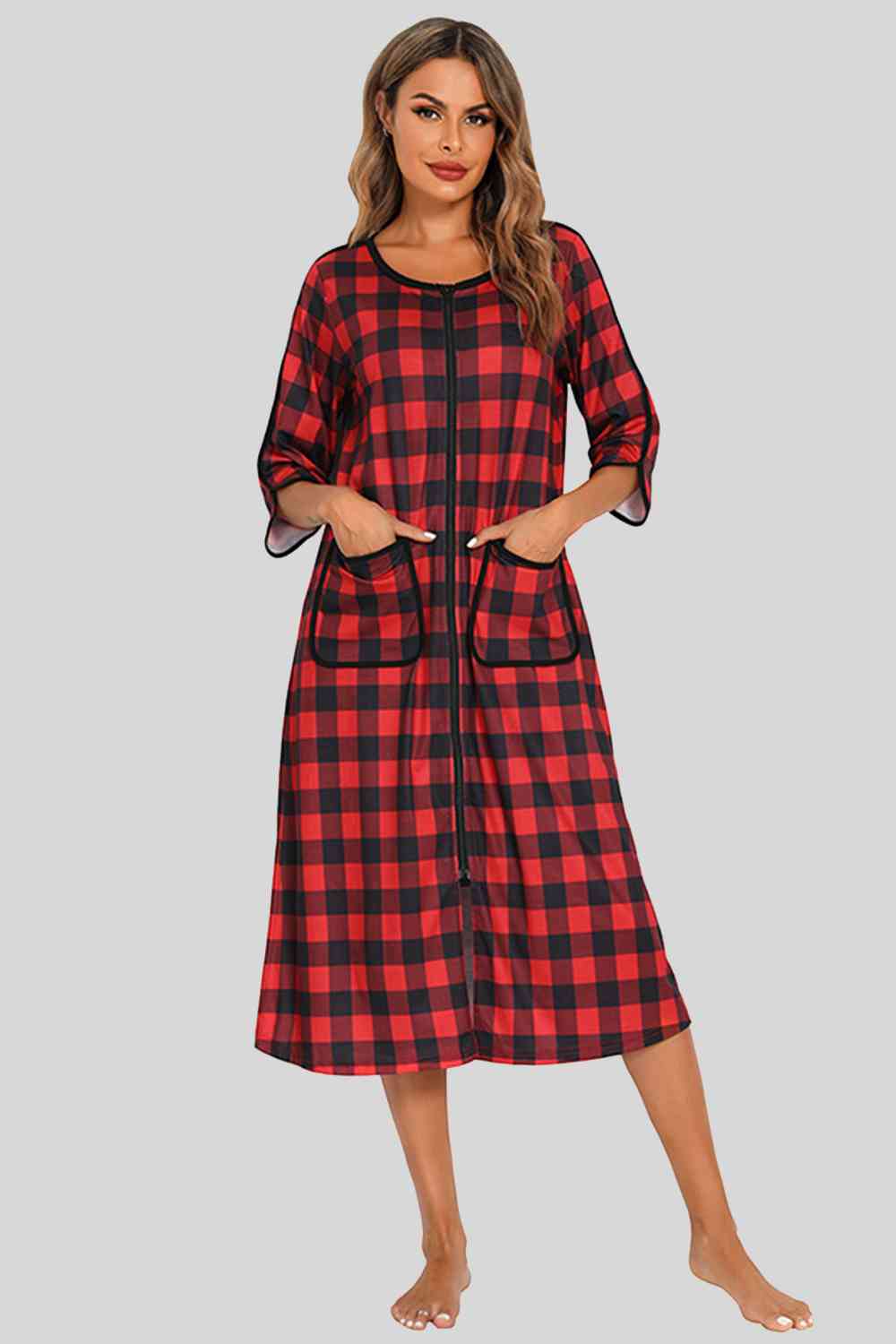 Round Neck Three-Quarter Sleeve Midi Night Dress  Shop One Place
