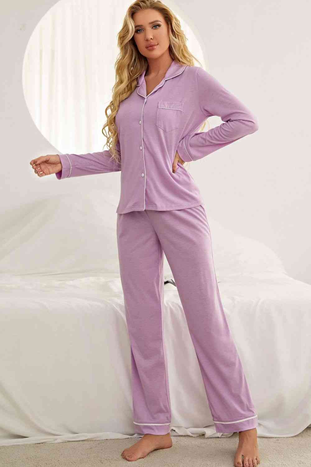 Contrast Piping Button Down Top and Pants Loungewear Set  Shop One Place