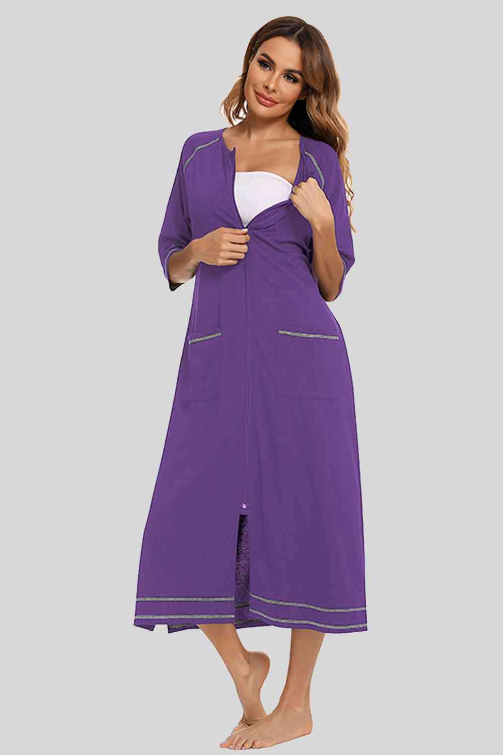 Zip Up Slit Round Neck Night Dress with Pockets  Shop One Place