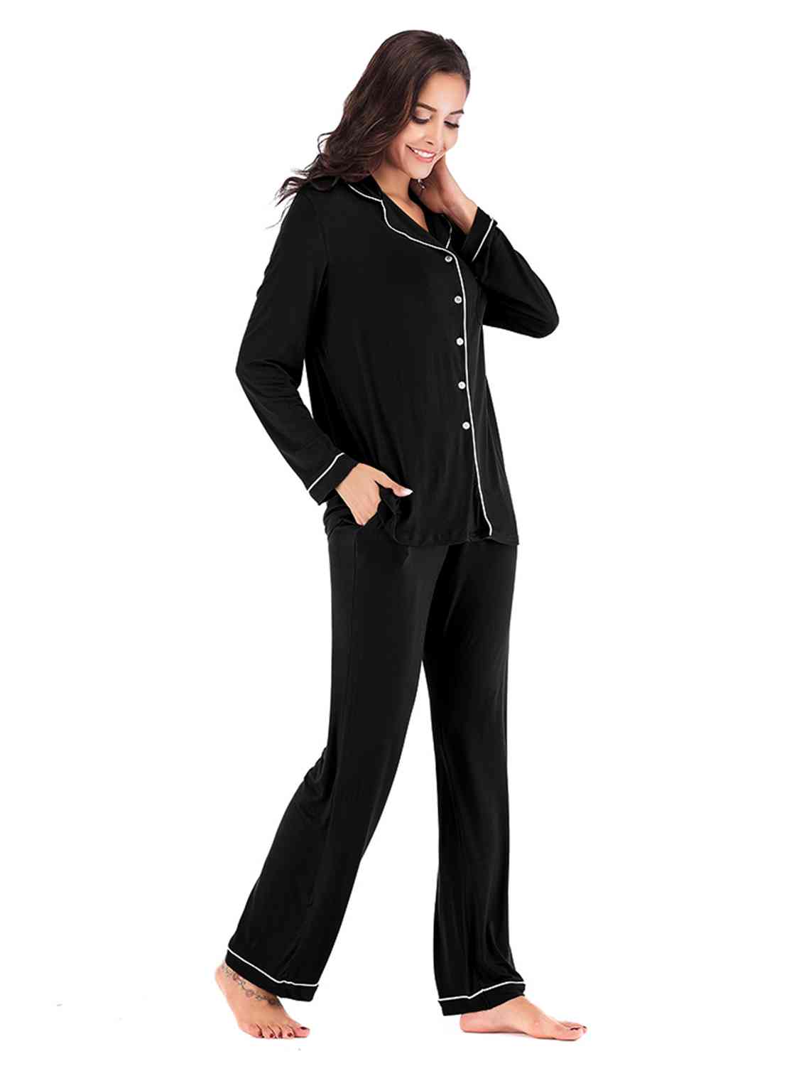 Collared Neck Long Sleeve Loungewear Set with Pockets  Shop One Place