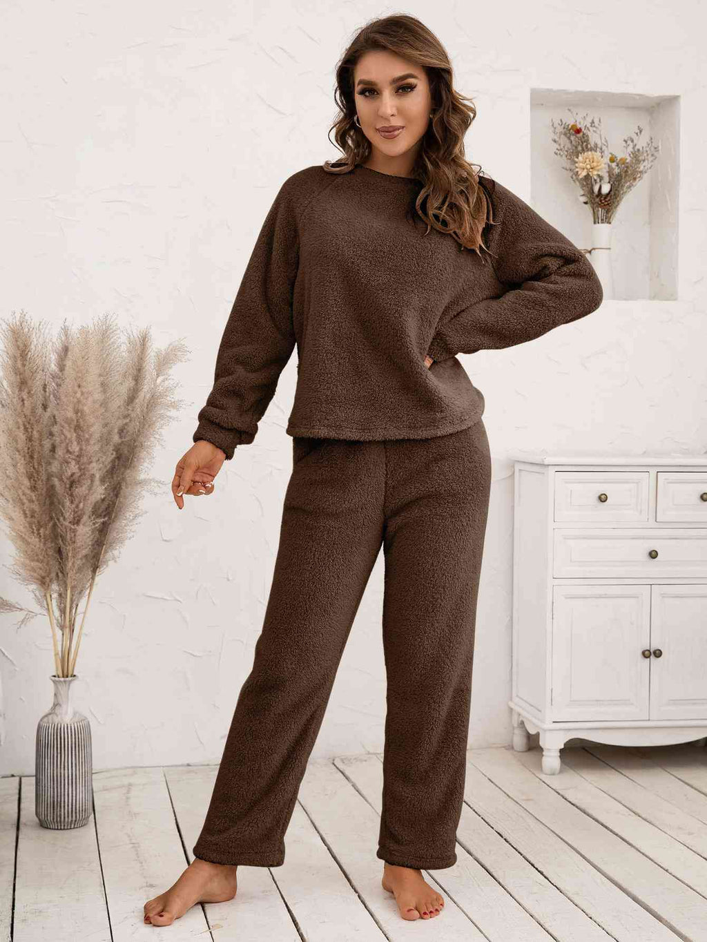 Teddy Long Sleeve Top and Pants Lounge Set  Shop One Place