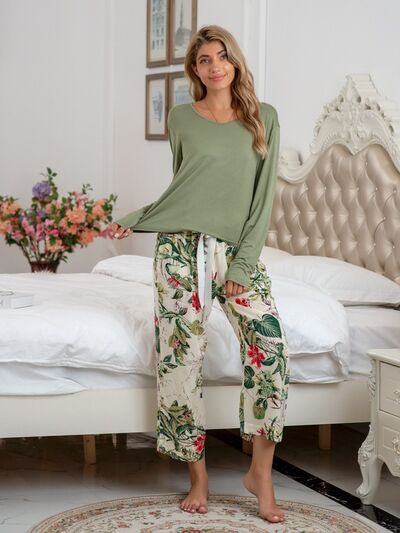 Round Neck Top and Printed Pants Lounge Set  Shop One Place