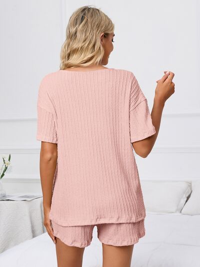 Notched Short Sleeve and Shorts Lounge Set  Shop One Place