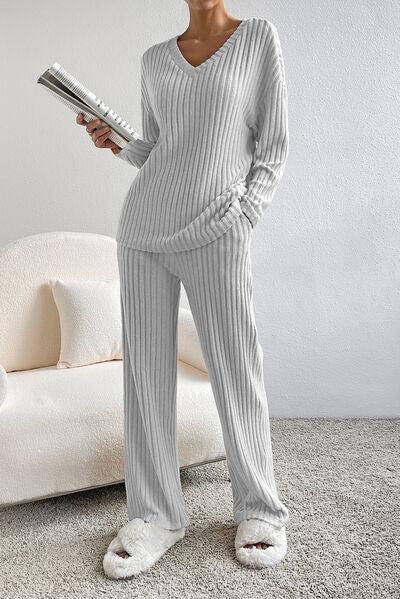 Ribbed V-Neck Top and Pants Lounge Set  Shop One Place