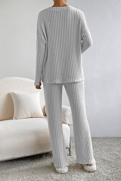 Ribbed V-Neck Top and Pants Lounge Set  Shop One Place