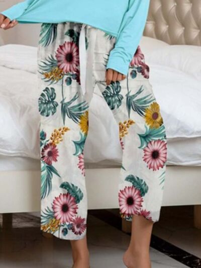 Round Neck Top and Printed Pants Lounge Set  Shop One Place