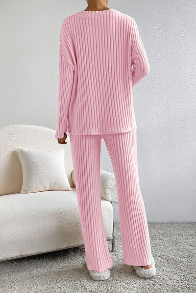 Ribbed V-Neck Top and Pants Lounge Set  Shop One Place