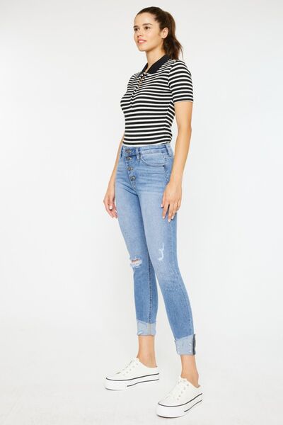 Jeans Kancan desgastados con efecto bigotes de gato y bragueta de botones