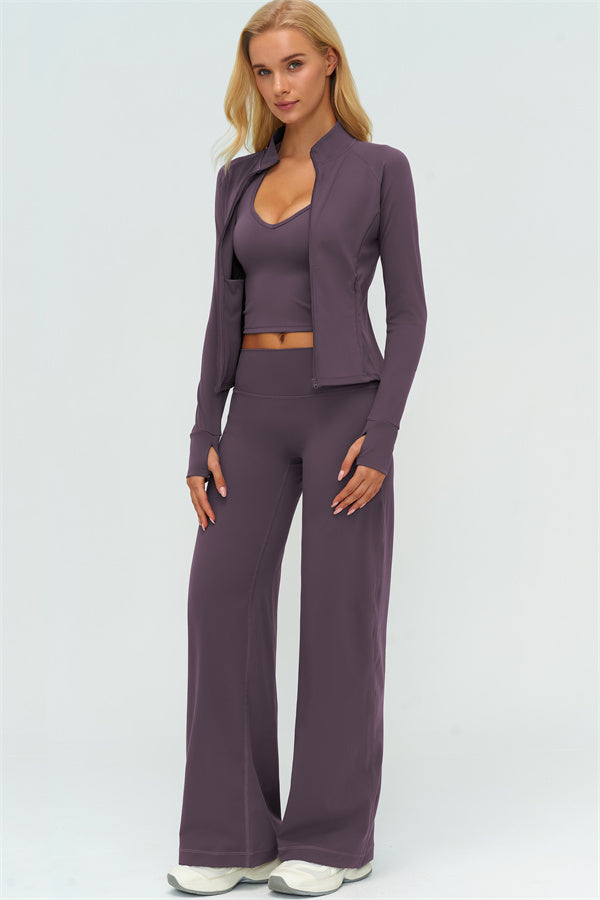 Conjunto Twirl de 3 piezas: chaqueta con cremallera, top halter y pantalones de pierna recta