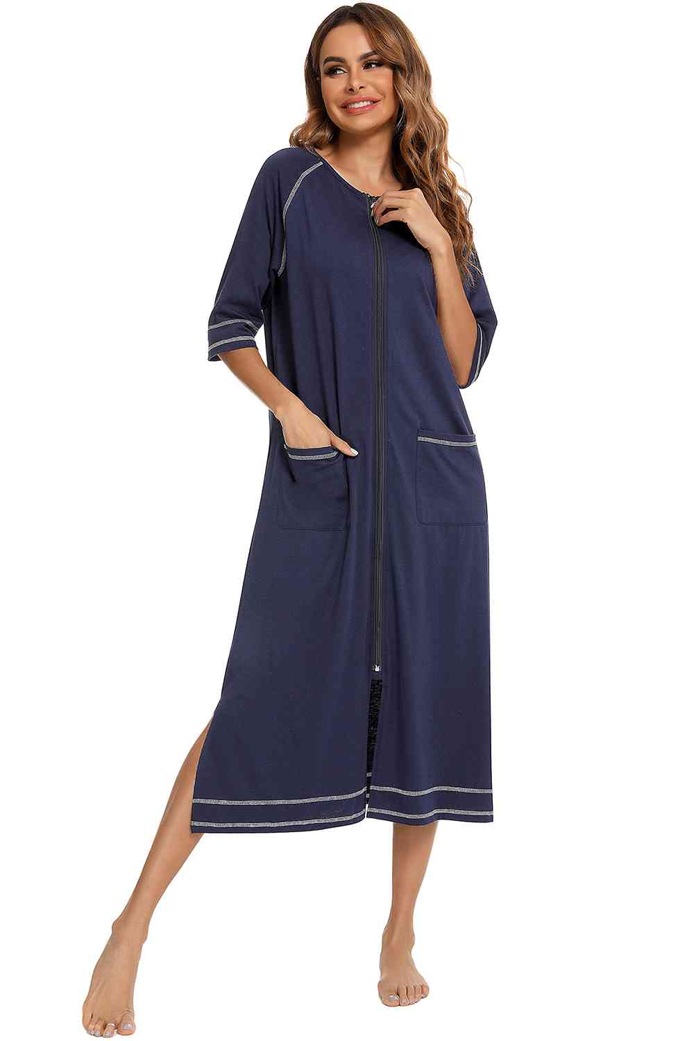 Zip Up Slit Round Neck Night Dress with Pockets  Shop One Place