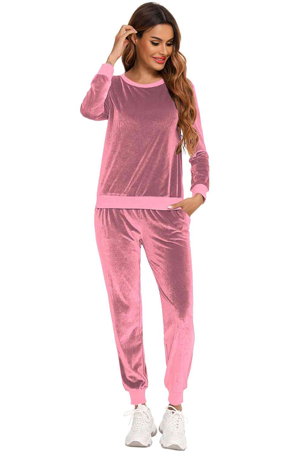 Round Neck Long Sleeve Loungewear Set with Pockets  Shop One Place