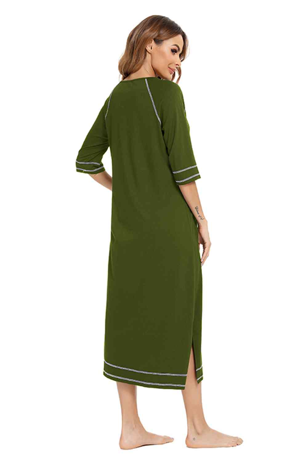 Zip Up Slit Round Neck Night Dress with Pockets  Shop One Place