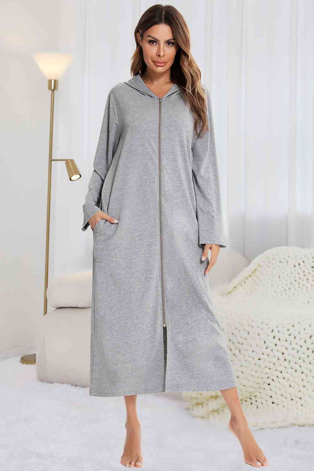 Zip Front Hooded Night Dress with Pockets  Shop One Place