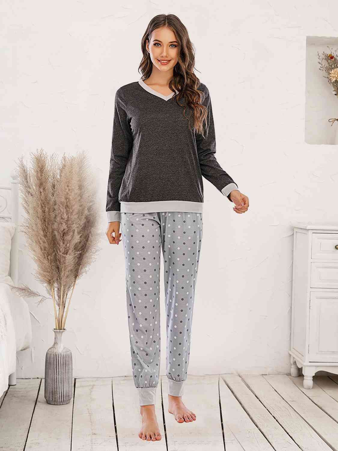 Long Sleeve Top and Polka Dot Pants Set  Shop One Place