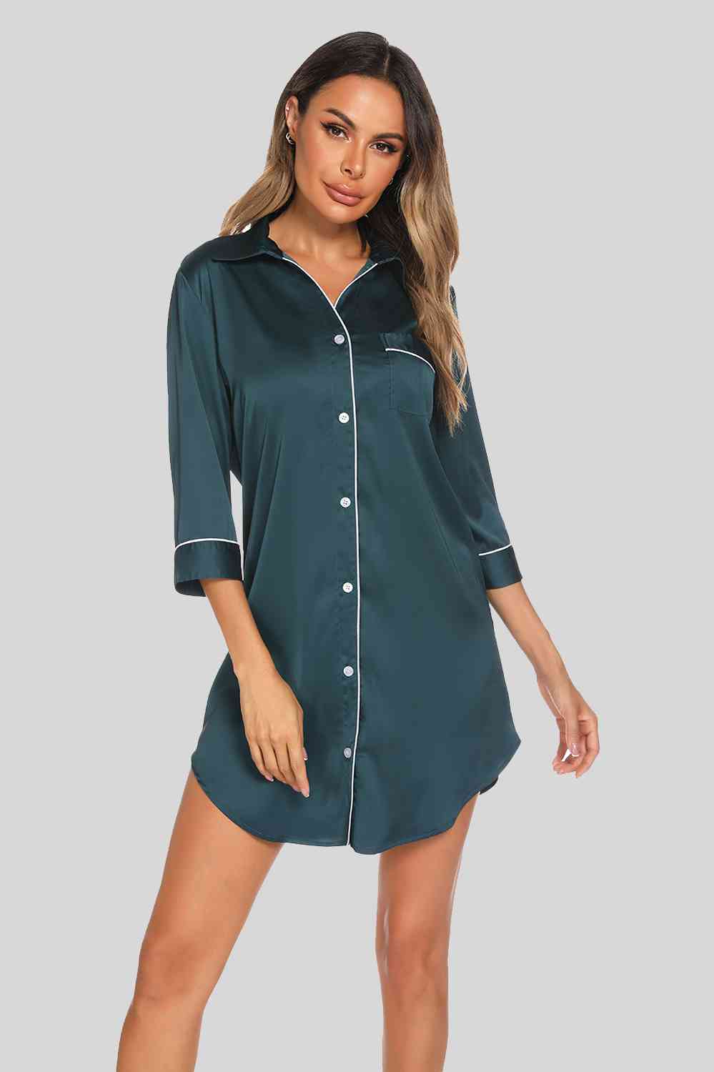 Button Up Collared Neck Night Dress with Pocket  Shop One Place