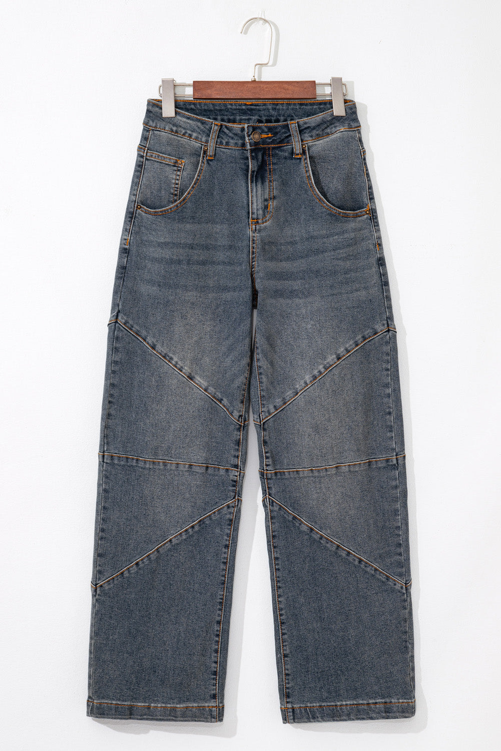 Jeans azul vela de tiro alto, pierna recta y diseño cruzado