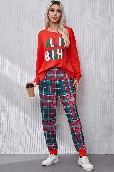 ALL IS BRIGHT Round Neck Top and Plaid Pants Lounge Set  Shop One Place